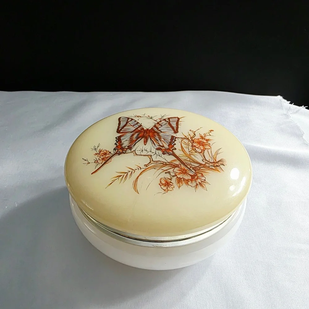 Vintage Italian Alabaster Butterfly Trinket Box Yellow Vanity Jar Keepsake Box